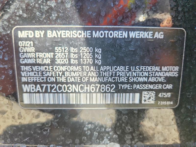 Aukcja sprzedaży 2022 Bmw 740, vin: WBA7T2C03NCH67862, numer aukcji: 65604406