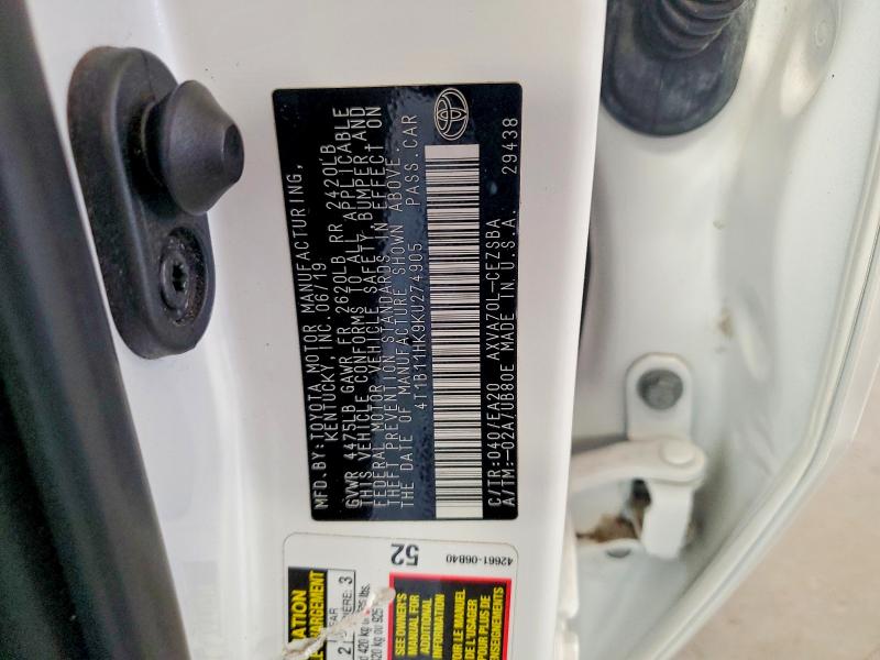 63223696 :رقم المزاد ، 4T1B11HK9KU274905 vin ، 2019 Toyota Camry مزاد بيع