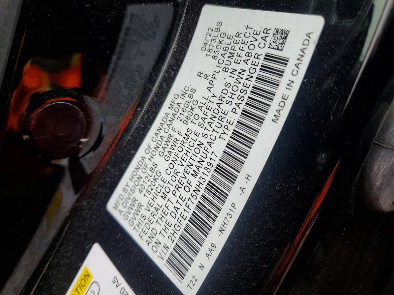 2022 Honda Civic მანქანა იყიდება აუქციონზე, vin: 2HGFE1F75NH318917, აუქციონის ნომერი: 64745816