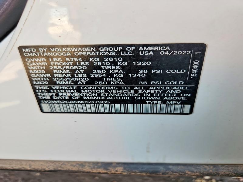 Продажа на аукционе авто 2022 Volkswagen Atlas, vin: 1V2WR2CA5NC537905, номер лота: 64516116