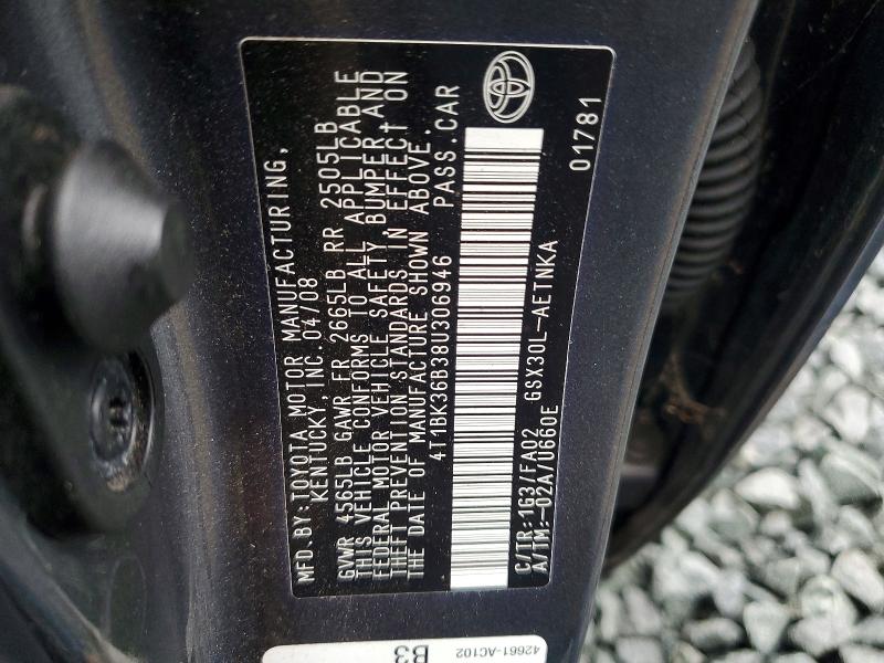 64487546 :رقم المزاد ، 4T1BK36B38U306946 vin ، 2008 Toyota Avalon مزاد بيع