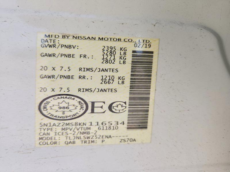 2019 Nissan Murano მანქანა იყიდება აუქციონზე, vin: 5N1AZ2MS8KN116534, აუქციონის ნომერი: 62539016