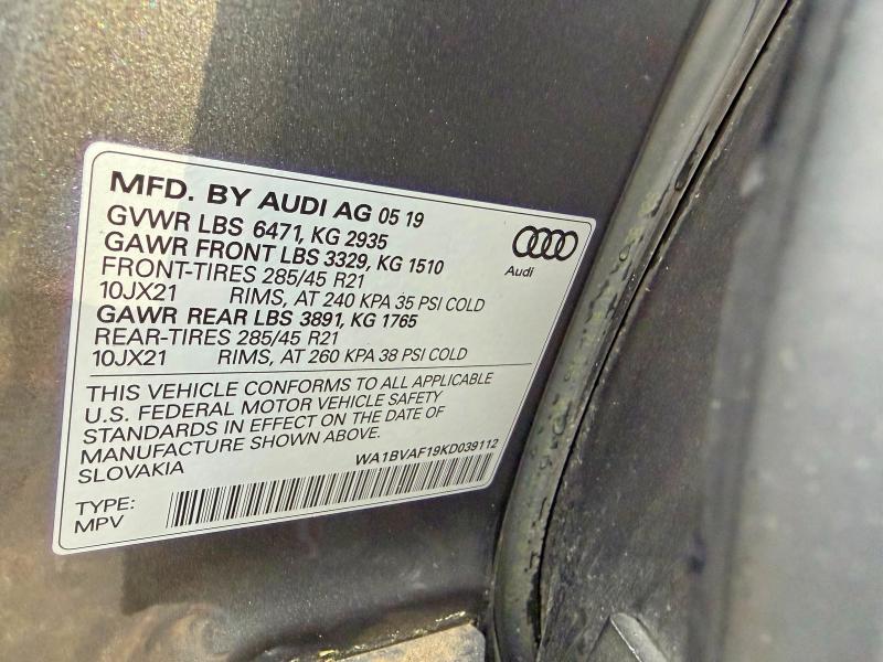 2019 Audi Q8 მანქანა იყიდება აუქციონზე, vin: WA1BVAF19KD039112, აუქციონის ნომერი: 67218716