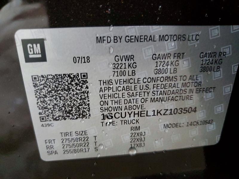65819126 :رقم المزاد ، 1GCUYHEL1KZ103504 vin ، 2019 Chevrolet Silverado مزاد بيع