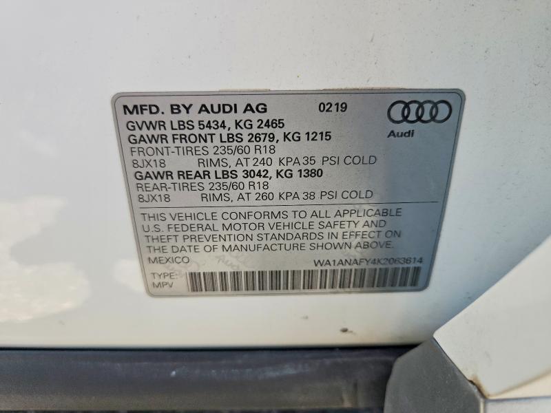 2019 Audi Q5 მანქანა იყიდება აუქციონზე, vin: WA1ANAFY4K2063614, აუქციონის ნომერი: 63931936