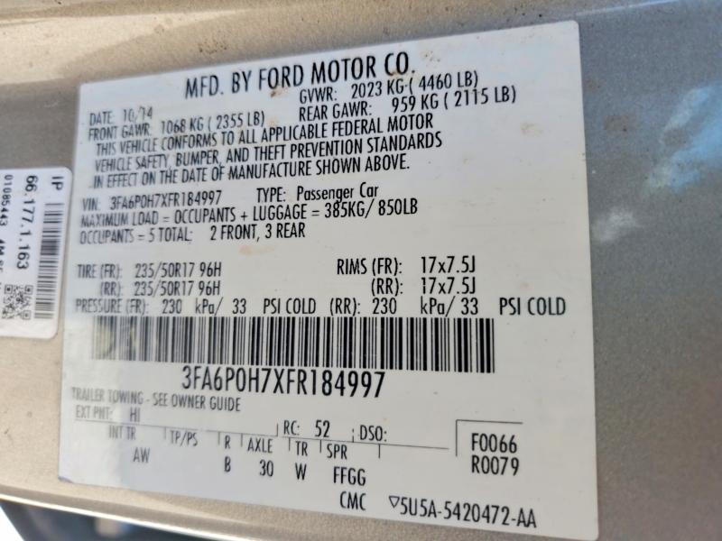 Aukcja sprzedaży 2015 Ford Fusion, vin: 3FA6P0H7XFR184997, numer aukcji: 63571736