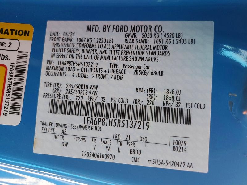 Продаж на аукціоні авто 2024 Ford Mustang, vin: 1FA6P8TH5R5137219, номер лоту: 66514036