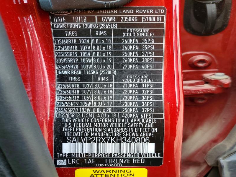 Продаж на аукціоні авто 2019 Land Rover Range Rover Evoque, vin: SALVP2RX7KH340806, номер лоту: 61582346