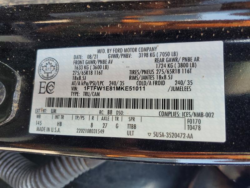 65018296 :رقم المزاد ، 1FTFW1E81MKE51011 vin ، 2021 Ford F150 مزاد بيع