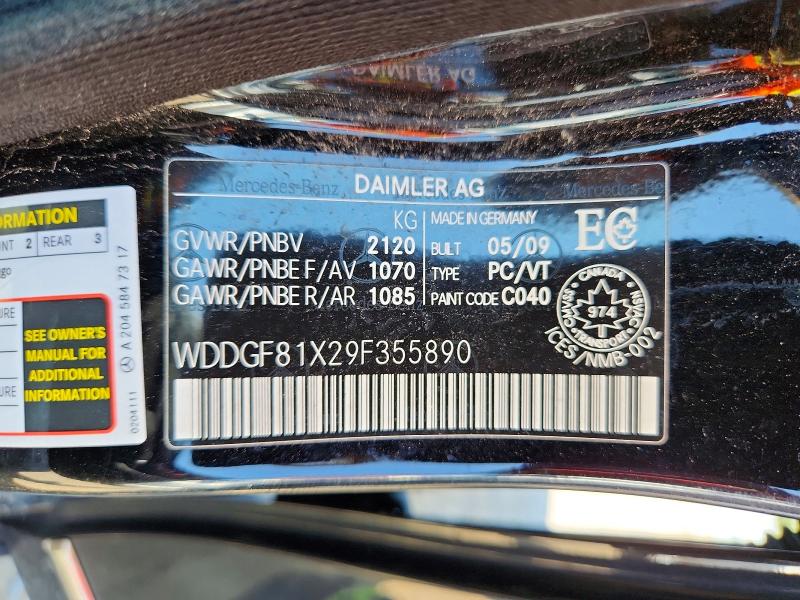 Aukcja sprzedaży 2009 Mercedes-benz C, vin: WDDGF81X29F355890, numer aukcji: 62598266