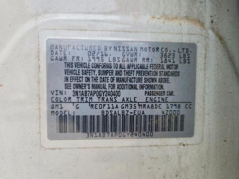 66624796 :رقم المزاد ، 3N1AB7AP0GY240400 vin ، 2016 Nissan Sentra مزاد بيع