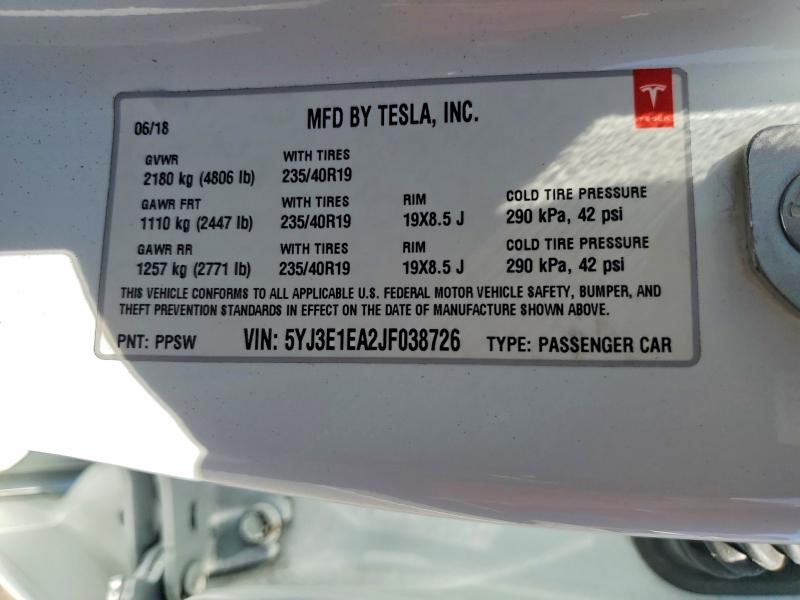 Aukcja sprzedaży 2018 Tesla Model 3, vin: 5YJ3E1EA2JF038726, numer aukcji: 66041756