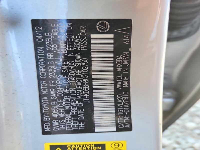 63359706 :رقم المزاد ، JTHKD5BH8C2102750 vin ، 2012 Lexus Ct مزاد بيع