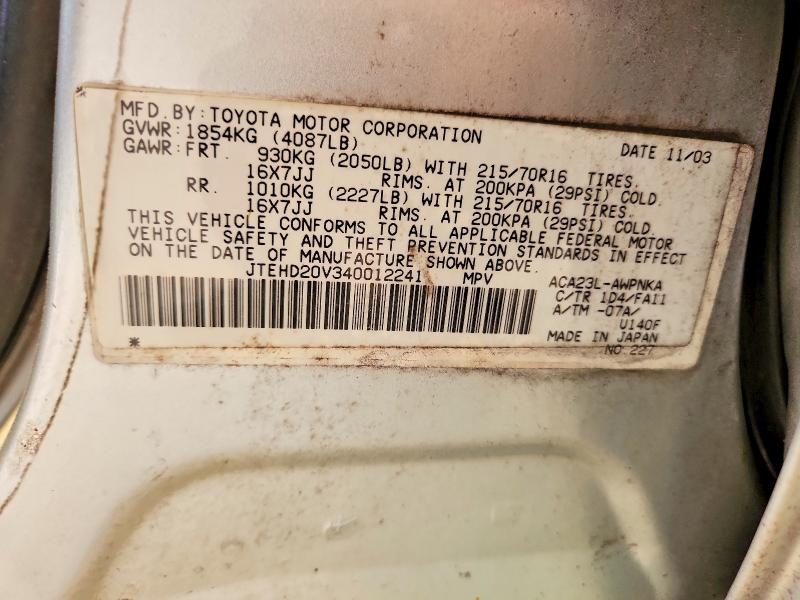 Aukcja sprzedaży 2004 Toyota Rav4, vin: JTEHD20V340012241, numer aukcji: 65858966