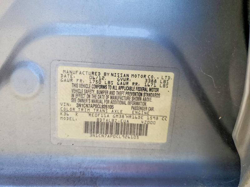 64056206 :رقم المزاد ، 3N1CN7AP0CL926105 vin ، 2012 Nissan Versa مزاد بيع