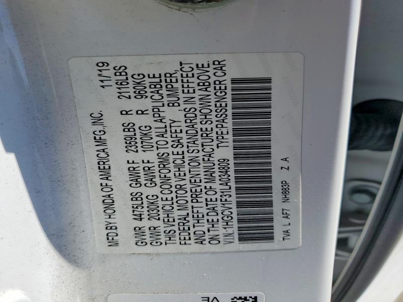 Aukcja sprzedaży 2020 Honda Accord, vin: 1HGCV1F31LA034809, numer aukcji: 65696266