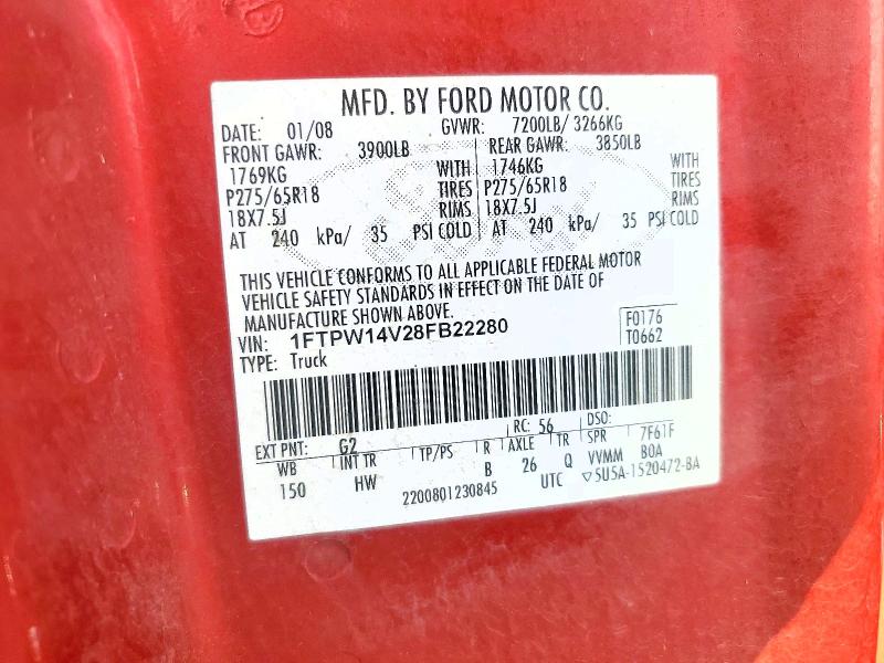 2008 Ford F150 მანქანა იყიდება აუქციონზე, vin: 1FTPW14V28FB22280, აუქციონის ნომერი: 63353486