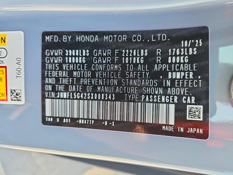 2025 Honda Civic მანქანა იყიდება აუქციონზე, vin: JHMFL5G42SX008343, აუქციონის ნომერი: 64567966