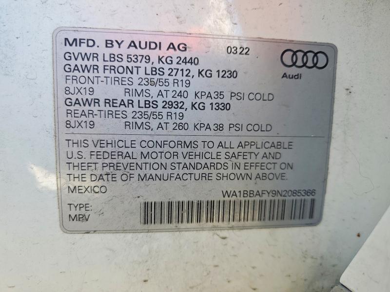 2022 Audi Q5 მანქანა იყიდება აუქციონზე, vin: WA1BBAFY9N2085366, აუქციონის ნომერი: 66071166