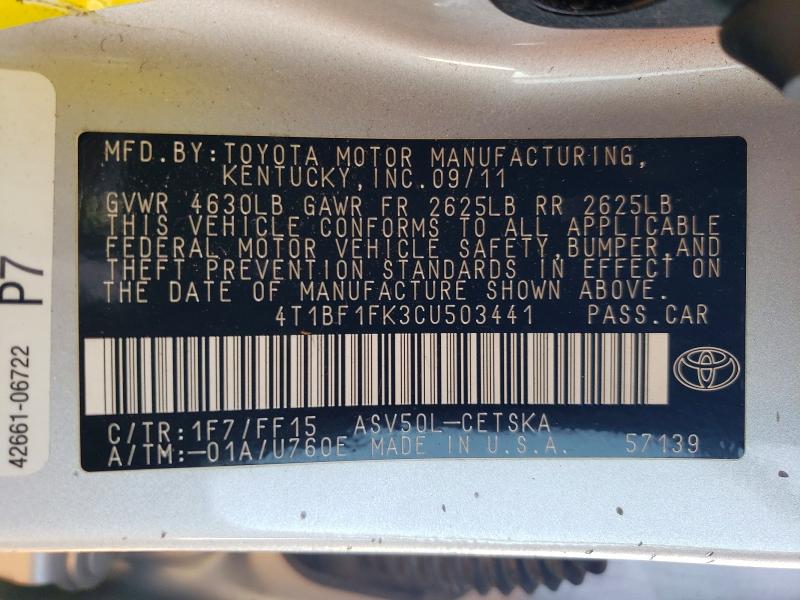 Продаж на аукціоні авто 2012 Toyota Camry, vin: 4T1BF1FK3CU503441, номер лоту: 67037886