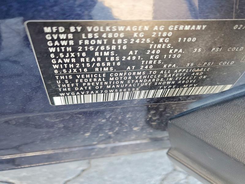 63258976 :رقم المزاد ، WVGAV7AX7GW586595 vin ، 2016 Volkswagen Tiguan مزاد بيع