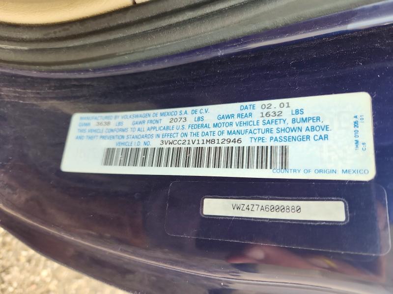 64295176 :رقم المزاد ، 3VWCC21V11M812946 vin ، 2001 Volkswagen Cabrio مزاد بيع