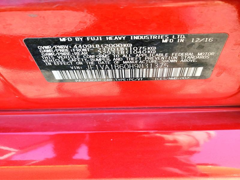 2017 Subaru Wrx მანქანა იყიდება აუქციონზე, vin: JF1VA1B60H9831375, აუქციონის ნომერი: 63590596