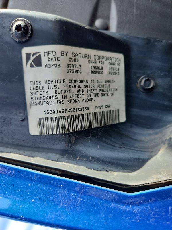 Продажа на аукционе авто 2003 Saturn Ion, vin: 1G8AJ52FX3Z163555, номер лота: 63194086
