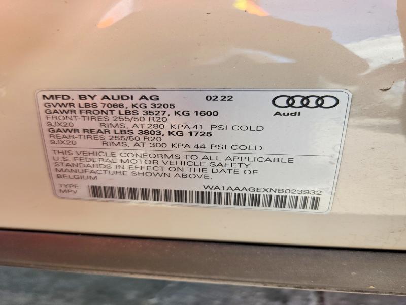 2022 Audi E-tron მანქანა იყიდება აუქციონზე, vin: WA1AAAGEXNB023932, აუქციონის ნომერი: 63552956