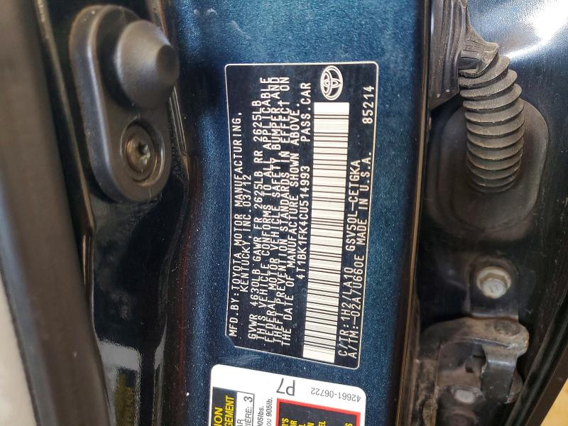 64782626 :رقم المزاد ، 4T1BK1FK4CU514993 vin ، 2012 Toyota Camry مزاد بيع