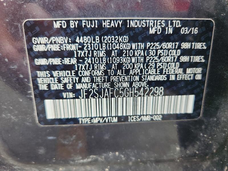 66797036 :رقم المزاد ، JF2SJAFC5GH542298 vin ، 2016 Subaru Forester مزاد بيع