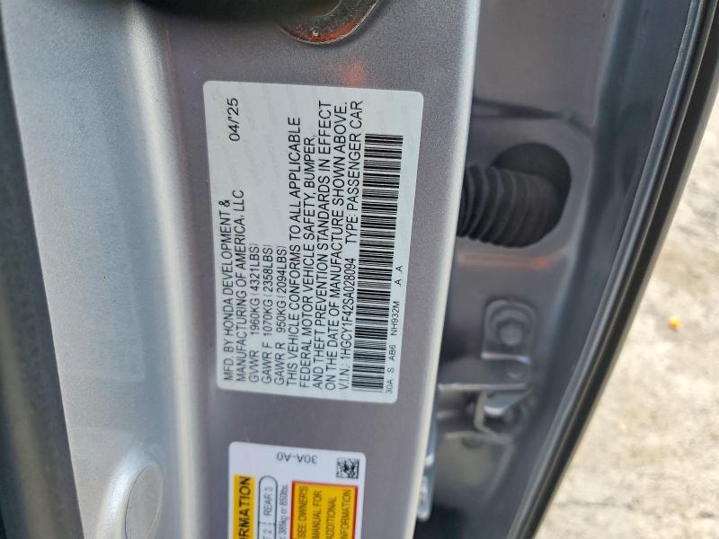 2025 Honda Accord მანქანა იყიდება აუქციონზე, vin: 1HGCY1F42SA028094, აუქციონის ნომერი: 65620626