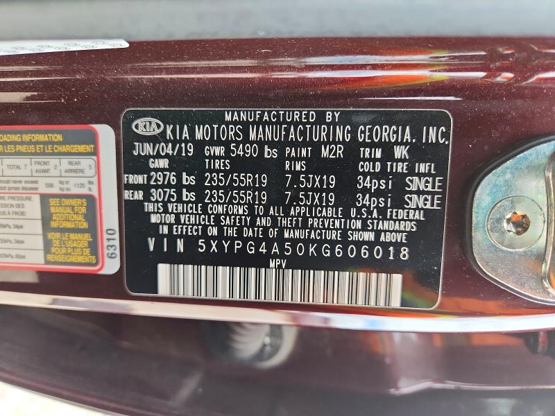 64335326 :رقم المزاد ، 5XYPG4A50KG606018 vin ، 2019 Kia Sorento مزاد بيع