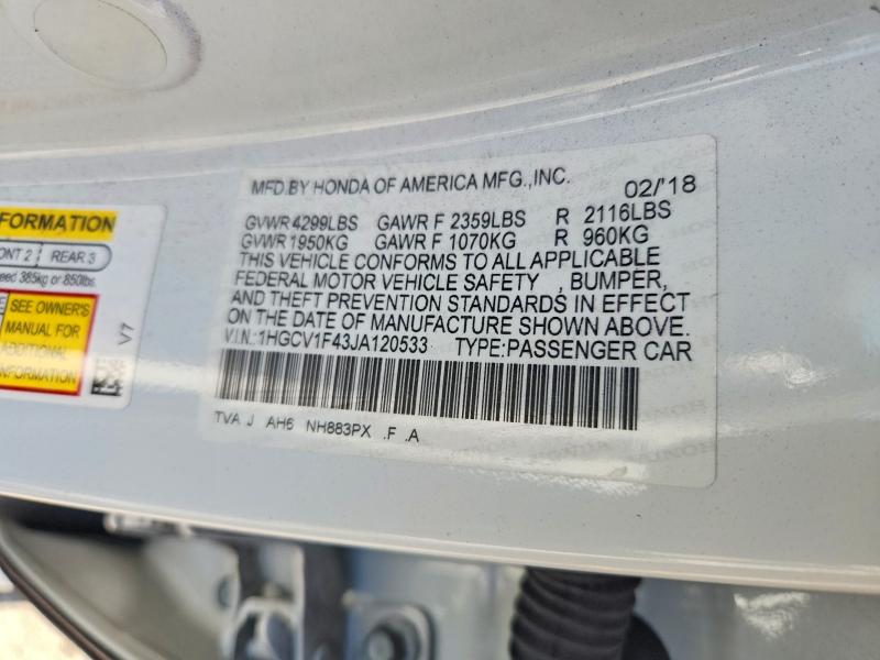 63437416 :رقم المزاد ، 1HGCV1F43JA120533 vin ، 2018 Honda Accord مزاد بيع