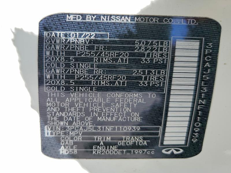 2022 Infiniti Qx55 მანქანა იყიდება აუქციონზე, vin: 3PCAJ5L31NF110939, აუქციონის ნომერი: 65687876