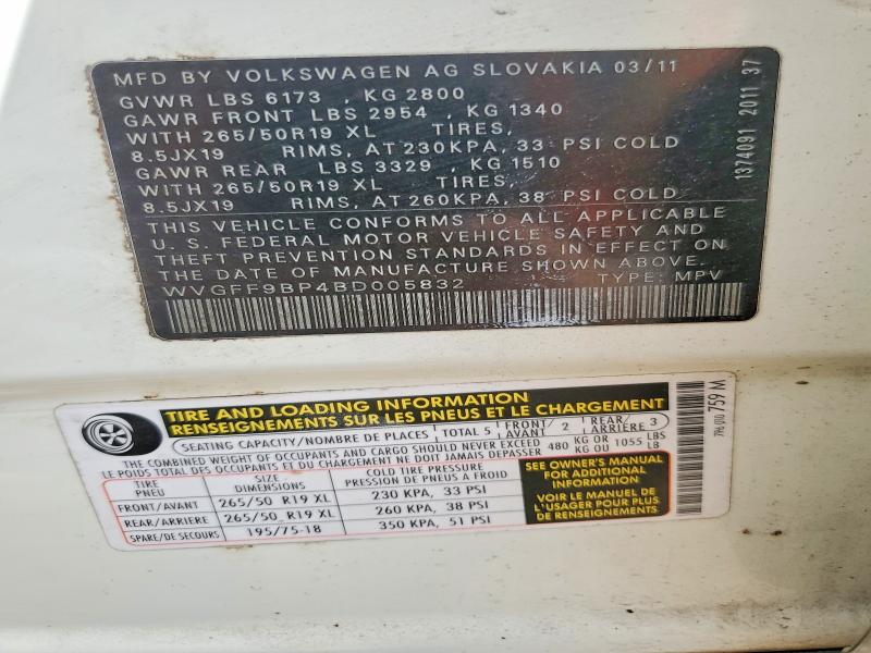 2011 Volkswagen Touareg მანქანა იყიდება აუქციონზე, vin: WVGFF9BP4BD005832, აუქციონის ნომერი: 64034496