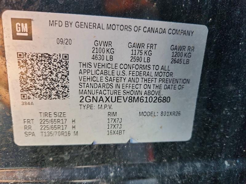 63949996 :رقم المزاد ، 2GNAXUEV8M6102680 vin ، 2021 Chevrolet Equinox مزاد بيع