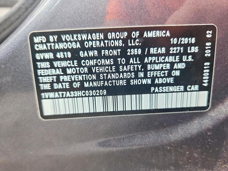 Продаж на аукціоні авто 2017 Volkswagen Passat, vin: 1VWAT7A33HC030209, номер лоту: 64839806