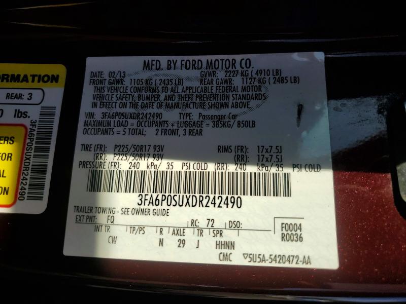 2013 Ford Fusion მანქანა იყიდება აუქციონზე, vin: 3FA6P0SUXDR242490, აუქციონის ნომერი: 65880606