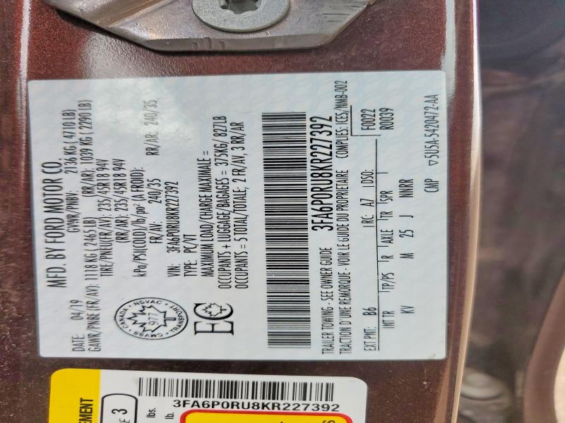 Aukcja sprzedaży 2019 Ford Fusion, vin: 3FA6P0RU8KR227392, numer aukcji: 66716376