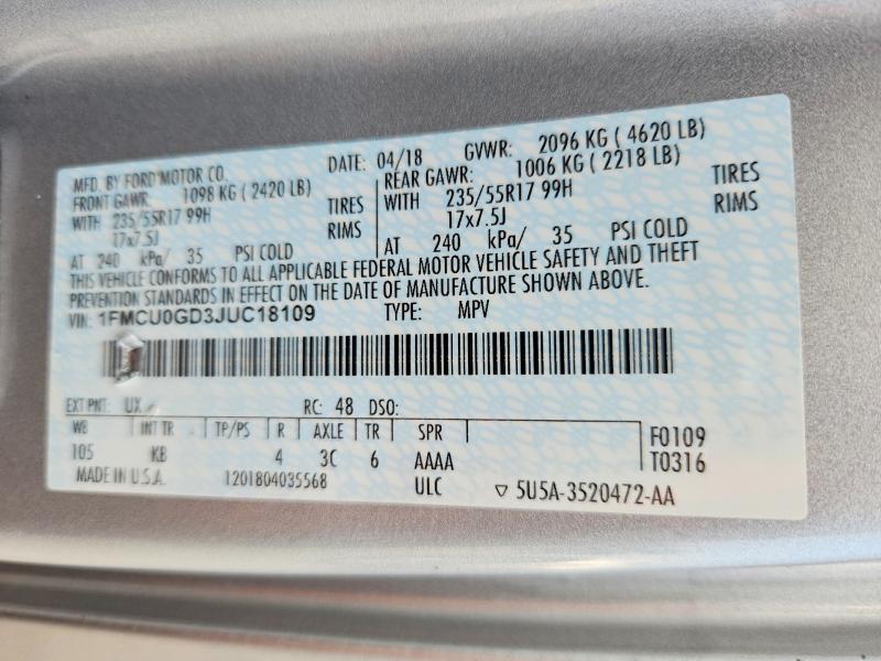 63996526 :رقم المزاد ، 1FMCU0GD3JUC18109 vin ، 2018 Ford Escape مزاد بيع