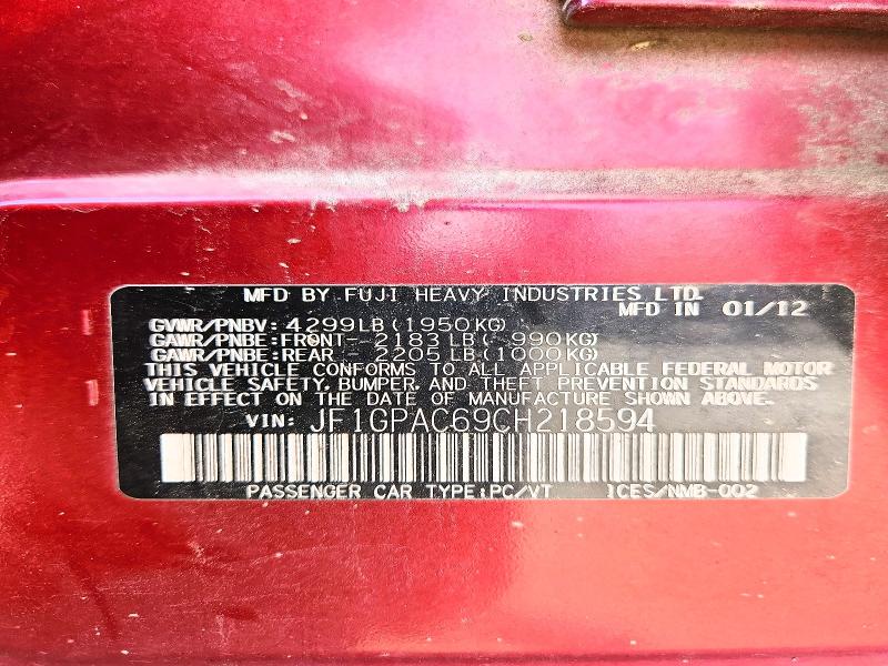 Aukcja sprzedaży 2012 Subaru Impreza, vin: JF1GPAC69CH218594, numer aukcji: 64397856