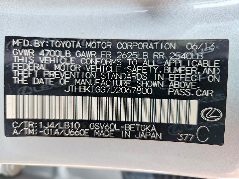 63773226 :رقم المزاد ، JTHBK1GG7D2067800 vin ، 2013 Lexus Es مزاد بيع