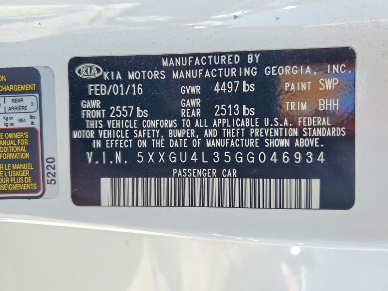 Продажа на аукционе авто 2016 Kia Optima, vin: 5XXGU4L35GG046934, номер лота: 65347156