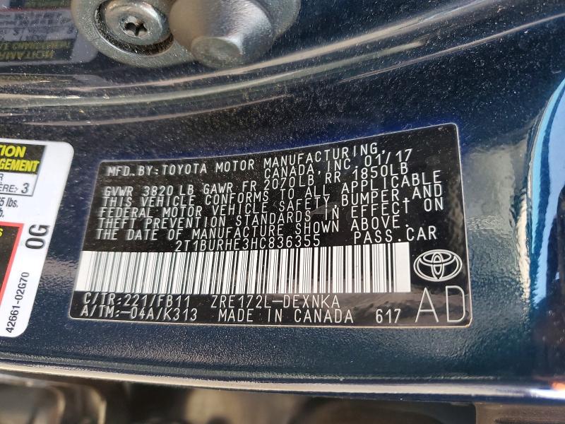 Продаж на аукціоні авто 2017 Toyota Corolla, vin: 2T1BURHE3HC836355, номер лоту: 63653406