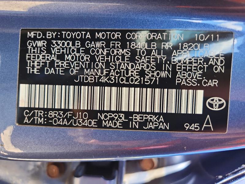 Aukcja sprzedaży 2012 Toyota Yaris, vin: JTDBT4K31CL021571, numer aukcji: 65715406