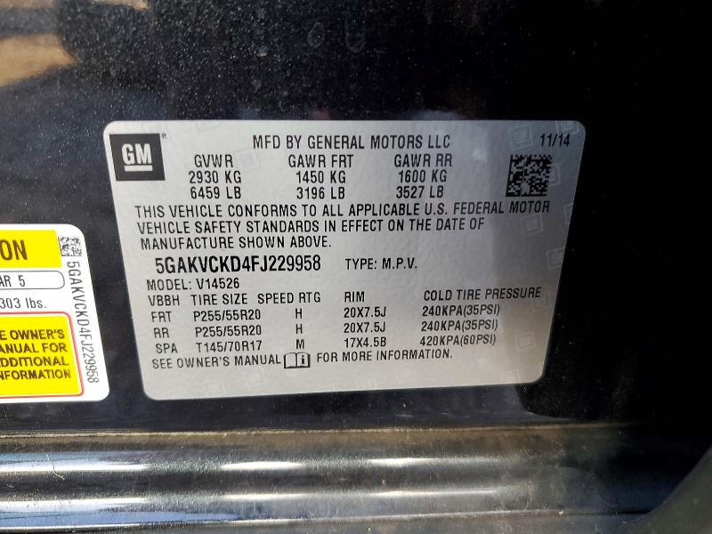 2015 Buick Enclave მანქანა იყიდება აუქციონზე, vin: 5GAKVCKD4FJ229958, აუქციონის ნომერი: 65595256