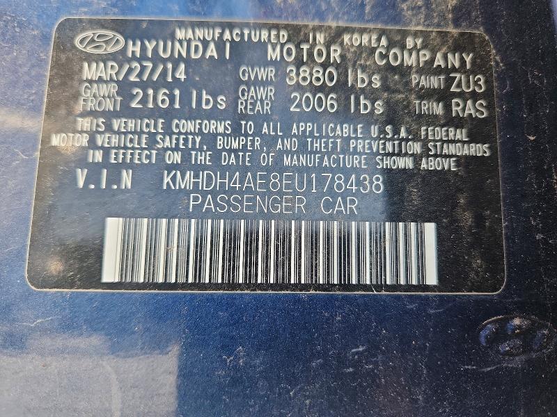 2014 Hyundai Elantra მანქანა იყიდება აუქციონზე, vin: KMHDH4AE8EU178438, აუქციონის ნომერი: 63730856