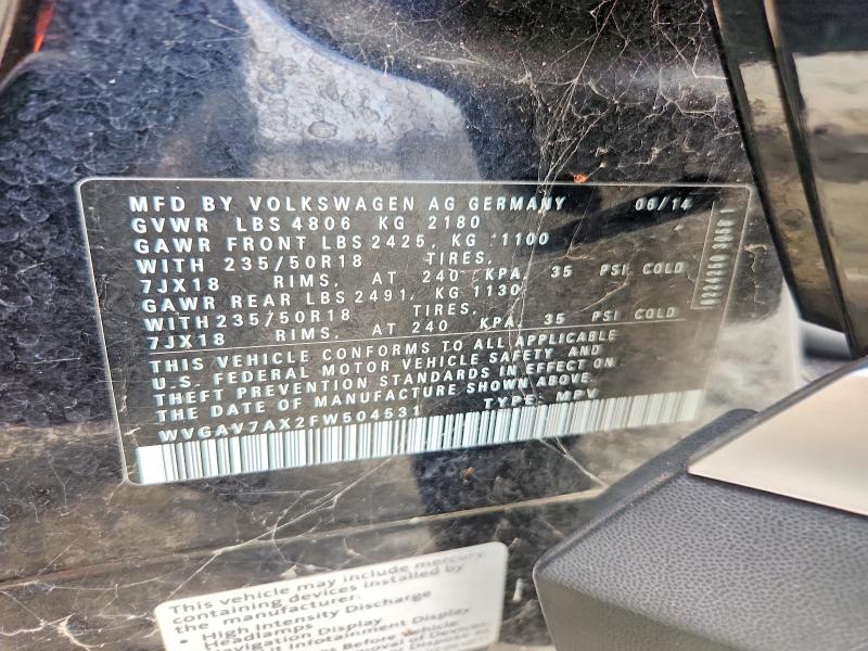65595166 :رقم المزاد ، WVGAV7AX2FW504531 vin ، 2015 Volkswagen Tiguan مزاد بيع
