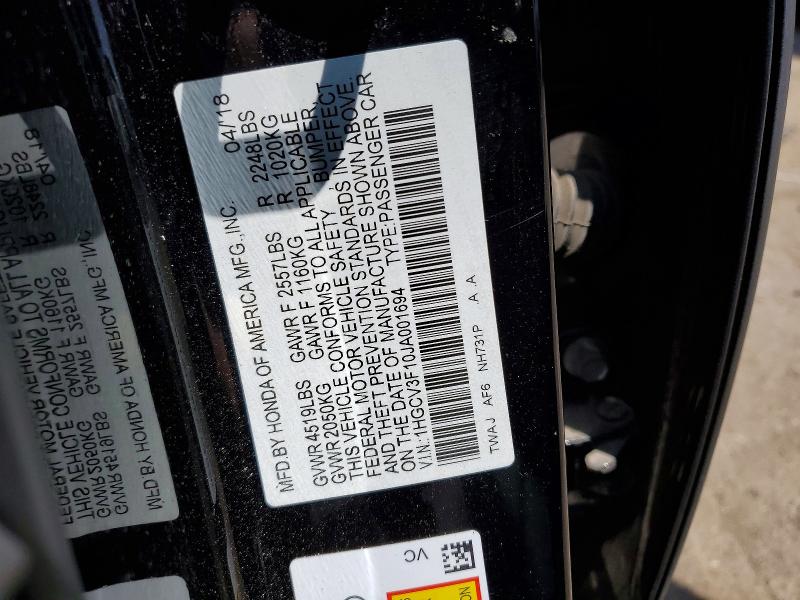 63515566 :رقم المزاد ، 1HGCV3F10JA001694 vin ، 2018 Honda Accord مزاد بيع